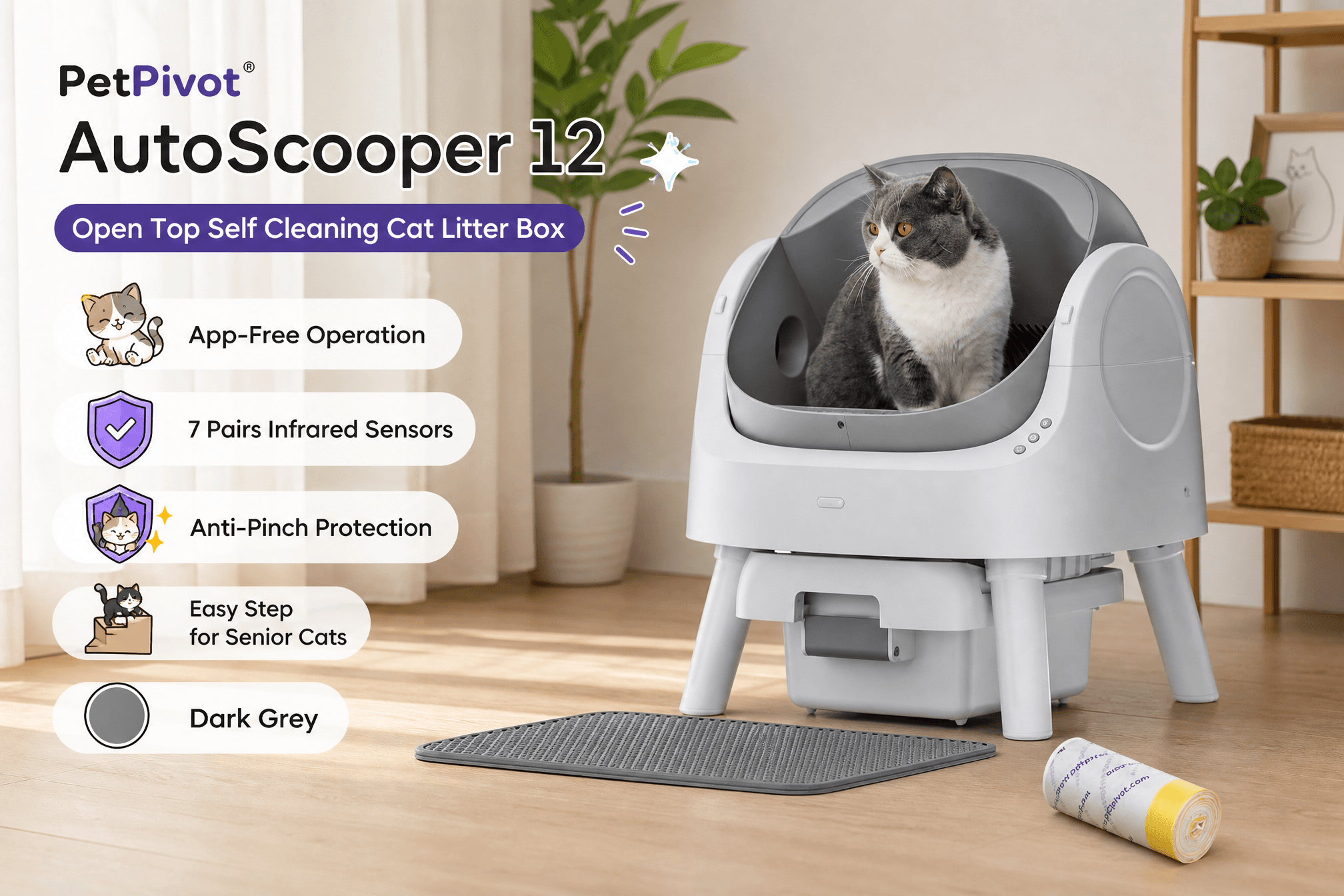 An advertisement for the PetPivot AutoScooper 12 open-top self-cleaning cat litter box in dark grey. A tabby and white cat is sitting inside the unit. The image highlights app-free operation, 7 pairs of infrared sensors, anti-pinch protection, and an easy step for senior cats. The text indicates "App-Free Operation" as a major selling point.