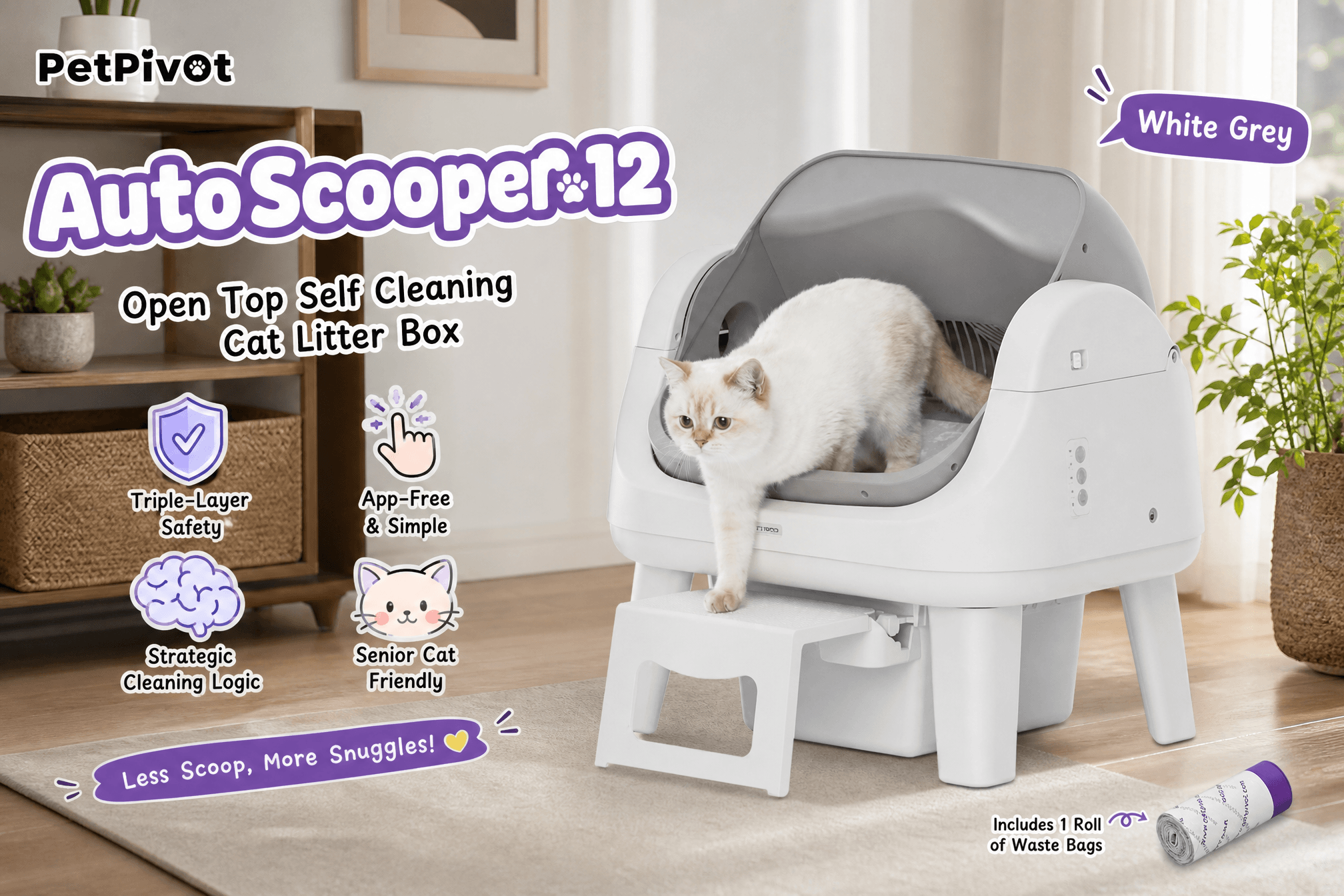 An advertisement for the PetPivot AutoScooper 12 self-cleaning litter box in white, showing an orange and white cat inside the unit. Features listed are 7 pairs of safety sensors, anti-pinch protection, easy access step, no app needed, and senior cats friendly. A thought bubble states, "More Comfort, Less Hassle 💜." A cartoon cat in the corner adds, "Clean Paws, Happy Days!