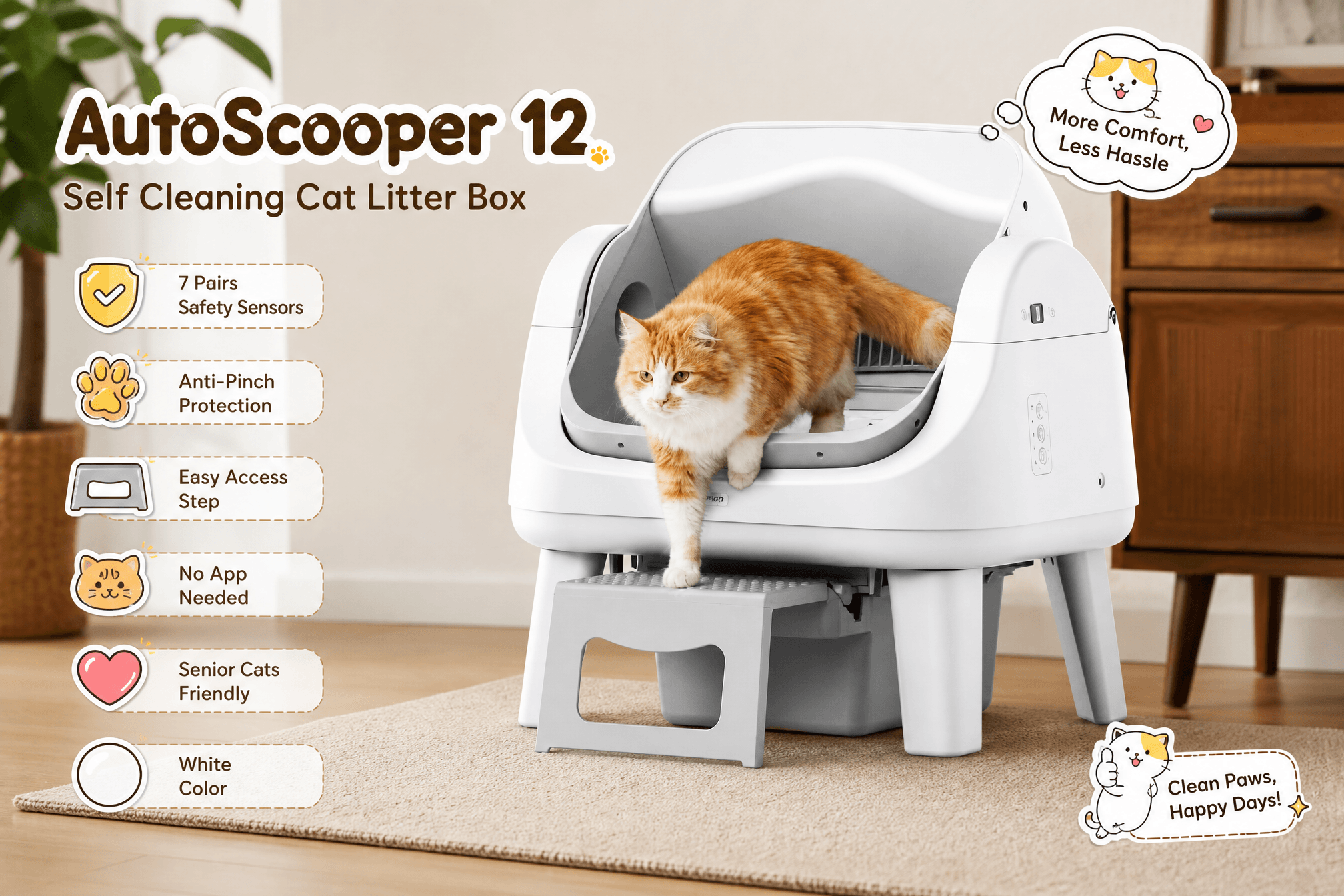 An advertisement image for the PetPivot AutoScooper 12 open-top self-cleaning litter box in white and grey. A cream-colored cat is stepping into the box. It lists key features including triple-layer safety, app-free & simple, strategic cleaning logic, and senior cat friendly. A text bubble says, "Less Scoop, More Snuggles! 💜" and notes that 1 roll of waste bags is included.