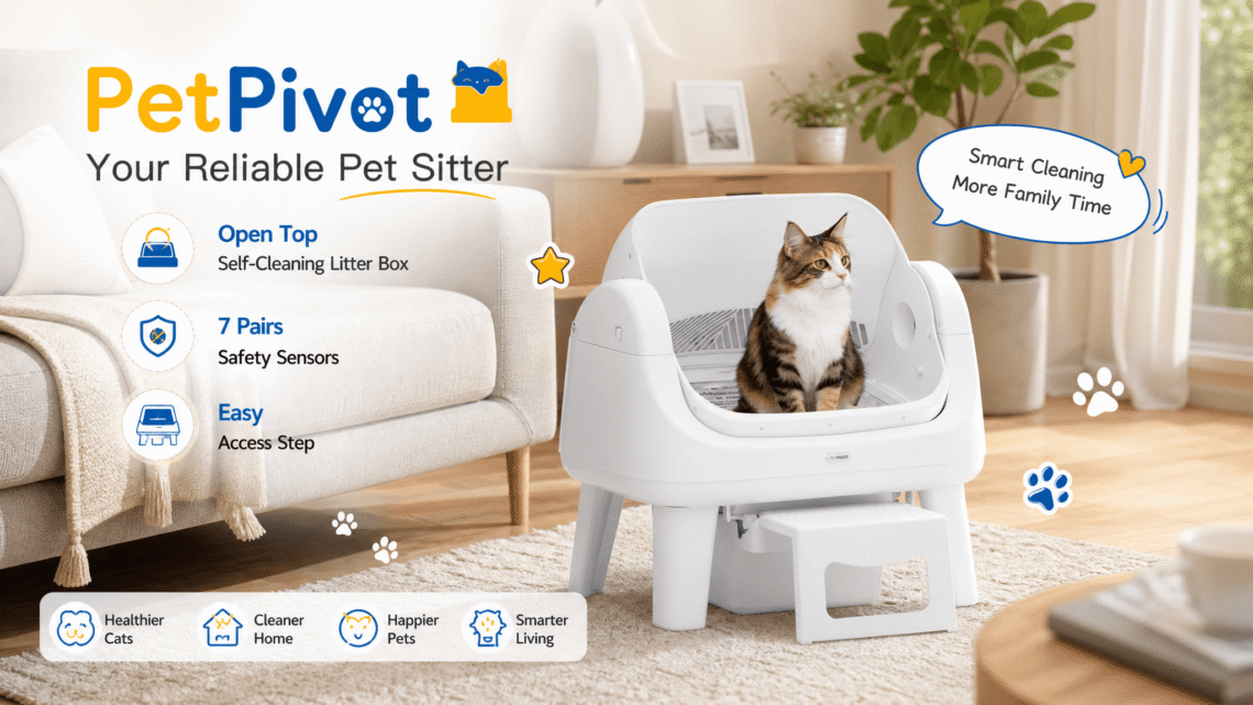 An advertisement for the PetPivot open-top self-cleaning litter box, showing a brown tabby cat sitting comfortably inside the unit next to a sofa. It features key benefits like open top, 7 pairs of safety sensors, and an easy access step. A text bubble reads, "Smart Cleaning, More Family Time." The bottom text lists: Healthier Cats, Cleaner Home, Happier Pets, Smarter Living.