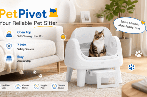 An advertisement for the PetPivot open-top self-cleaning litter box, showing a brown tabby cat sitting comfortably inside the unit next to a sofa. It features key benefits like open top, 7 pairs of safety sensors, and an easy access step. A text bubble reads, "Smart Cleaning, More Family Time." The bottom text lists: Healthier Cats, Cleaner Home, Happier Pets, Smarter Living.