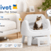 An advertisement for the PetPivot open-top self-cleaning litter box, showing a brown tabby cat sitting comfortably inside the unit next to a sofa. It features key benefits like open top, 7 pairs of safety sensors, and an easy access step. A text bubble reads, "Smart Cleaning, More Family Time." The bottom text lists: Healthier Cats, Cleaner Home, Happier Pets, Smarter Living.