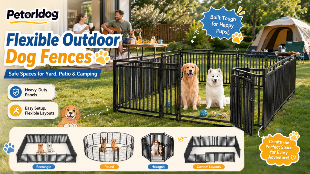 Petorldog promotional image for versatile outdoor dog fences, showing two people on a lawn using the fence to enclose two dogs (a Golden Retriever and a Samoyed).
