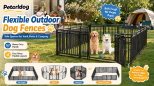 Petorldog promotional image for versatile outdoor dog fences, showing two people on a lawn using the fence to enclose two dogs (a Golden Retriever and a Samoyed).