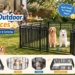 Petorldog promotional image for versatile outdoor dog fences, showing two people on a lawn using the fence to enclose two dogs (a Golden Retriever and a Samoyed).