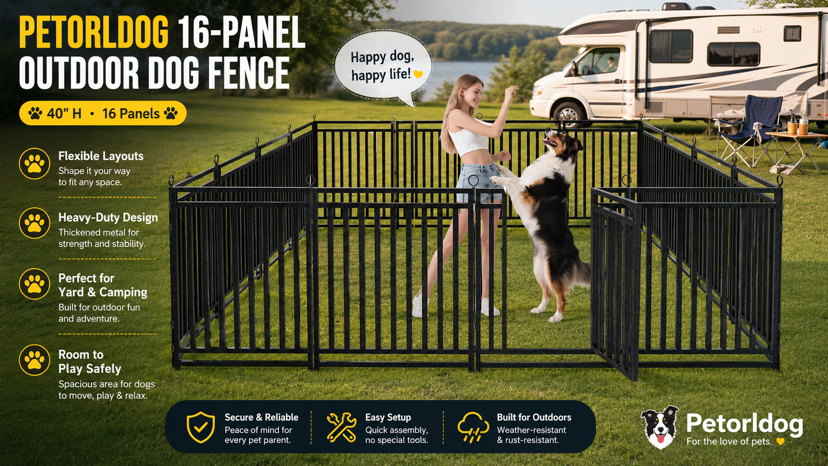 Petorldog promotional image for a 40" high, 16-panel outdoor dog fence, showing a woman interacting with an Australian Shepherd inside the pen on a lawn.