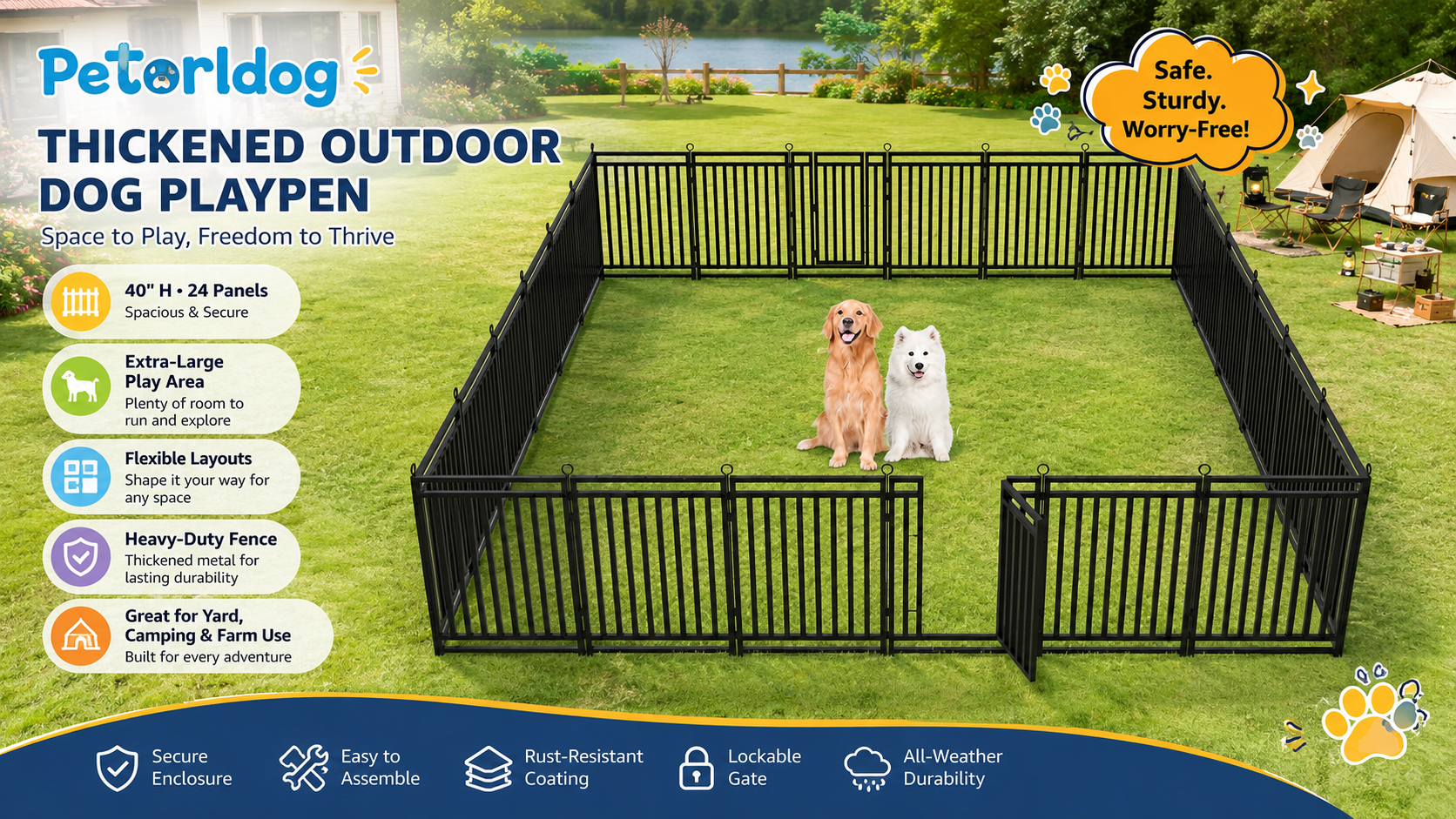 Petorldog promotional image for a thickened outdoor dog playpen, showing two dogs (a Golden Retriever and a Samoyed) inside an extra-large pen on a lawn.