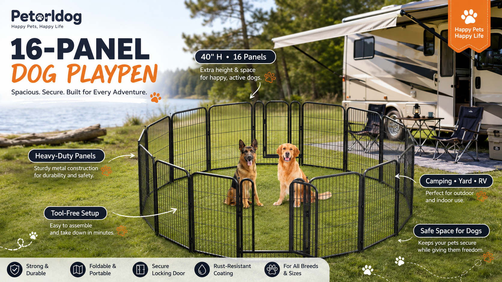 Petorldog main promotional image for "Happy Pets, Happy Life" 16-panel tall dog playpen, featuring two dogs (a German Shepherd and a Golden Retriever) in an outdoor grass enclosure, with an RV and lake in the background.
