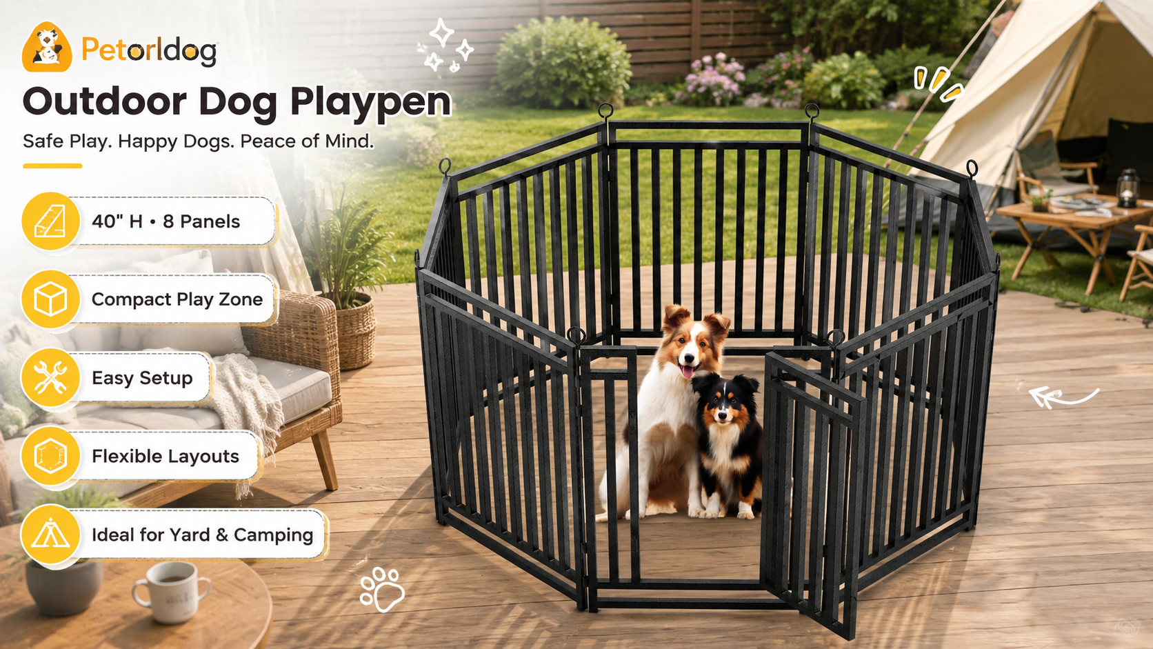 Petorldog promotional image for a compact outdoor dog playpen, showing two dogs (Shelties) inside an octagonal pen on a wooden deck.