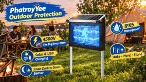 PhatroyYee solar bug zapper hero banner at a nighttime campsite: a 4500V mosquito zapper with glowing blue UV light staked into the grass beside tents; callouts highlight solar & USB charging, smart dusk-to-dawn sensor, IPX5 waterproof rating, and stake/hang/stand options with cartoon-style arrows, ideal for a brand promotional blog header.