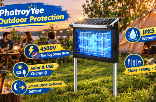 PhatroyYee solar bug zapper hero banner at a nighttime campsite: a 4500V mosquito zapper with glowing blue UV light staked into the grass beside tents; callouts highlight solar & USB charging, smart dusk-to-dawn sensor, IPX5 waterproof rating, and stake/hang/stand options with cartoon-style arrows, ideal for a brand promotional blog header.