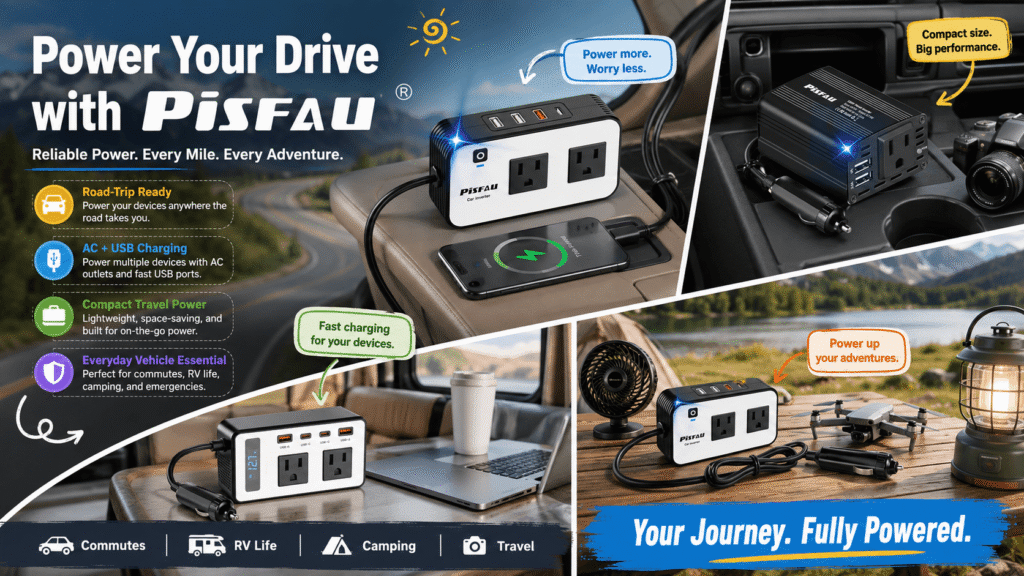 A promotional graphic for PISFAU car power inverters. It uses a collage style to show the inverter being used in both car interiors and outdoor settings, charging devices like smartphones, laptops, fans, and drones. Text on the left emphasizes "Reliable Power. Every Mile," while text on the bottom right says "Your Journey. Fully Powered."