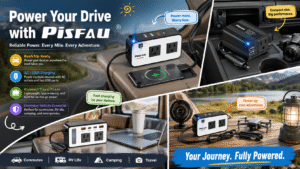 A promotional graphic for PISFAU car power inverters. It uses a collage style to show the inverter being used in both car interiors and outdoor settings, charging devices like smartphones, laptops, fans, and drones. Text on the left emphasizes "Reliable Power. Every Mile," while text on the bottom right says "Your Journey. Fully Powered."