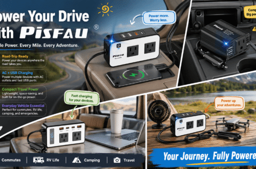 A promotional graphic for PISFAU car power inverters. It uses a collage style to show the inverter being used in both car interiors and outdoor settings, charging devices like smartphones, laptops, fans, and drones. Text on the left emphasizes "Reliable Power. Every Mile," while text on the bottom right says "Your Journey. Fully Powered."