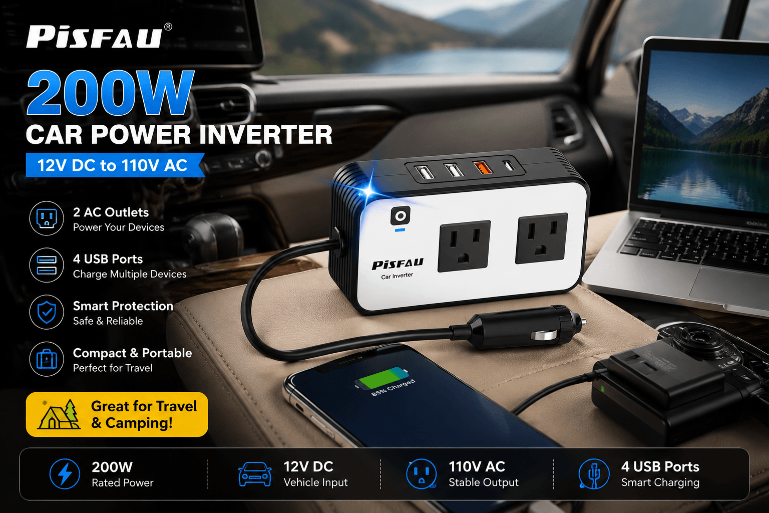 A product feature graphic for the PISFAU 200W car power inverter. It shows a black and white inverter connected to a cigarette lighter and a smartphone charging, with a laptop and a drone battery nearby. Icons and text on the left list key features: 2 AC outlets, 4 USB ports, smart protection, compact and portable, and suitable for travel and camping.