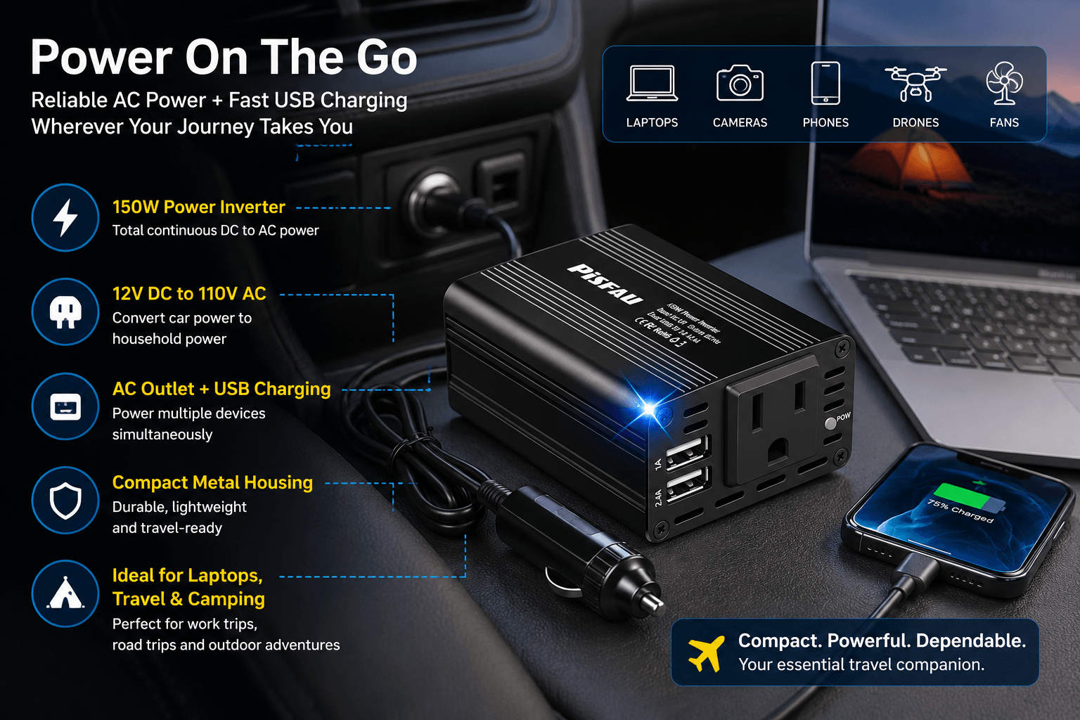 A product promotional image for the PISFAU 150W car power inverter, set inside a car. The image shows an all-black metal inverter, highlighted for being compact and durable. Text on the left lists its features: 150W total continuous power, 12V DC to 110V AC, AC outlet + USB charging, and compact metal housing. Icons at the top show powered devices: laptops, cameras, phones, drones, fans.