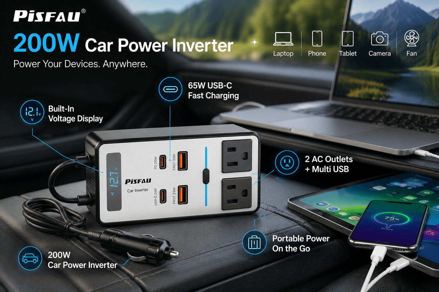 A product promotional image for the PISFAU 200W car power inverter, set inside a car. The inverter features a built-in voltage display, 2 AC outlets, and multiple USB ports, including a 65W USB-C fast charge. The image shows the inverter connected to a laptop and a smartphone, with a tablet next to them. Text highlights "Power Your Devices. Anywhere" and "Portable Power on the Go".