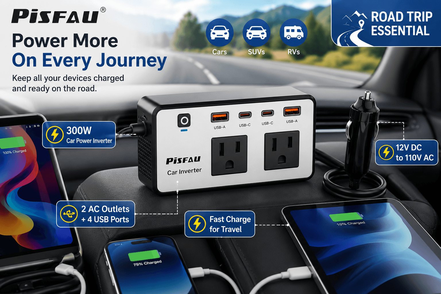 A product promotional image for the PISFAU 300W car power inverter, set inside a car with a view of a highway and mountains through the window. The image shows a black and white inverter connected to a cigarette lighter and charging three smartphones. Text at the top highlights "Road Trip Essential", while text on the top left states "Power More On Every Journey". Icons show suitability for Cars, SUVs, and RVs.