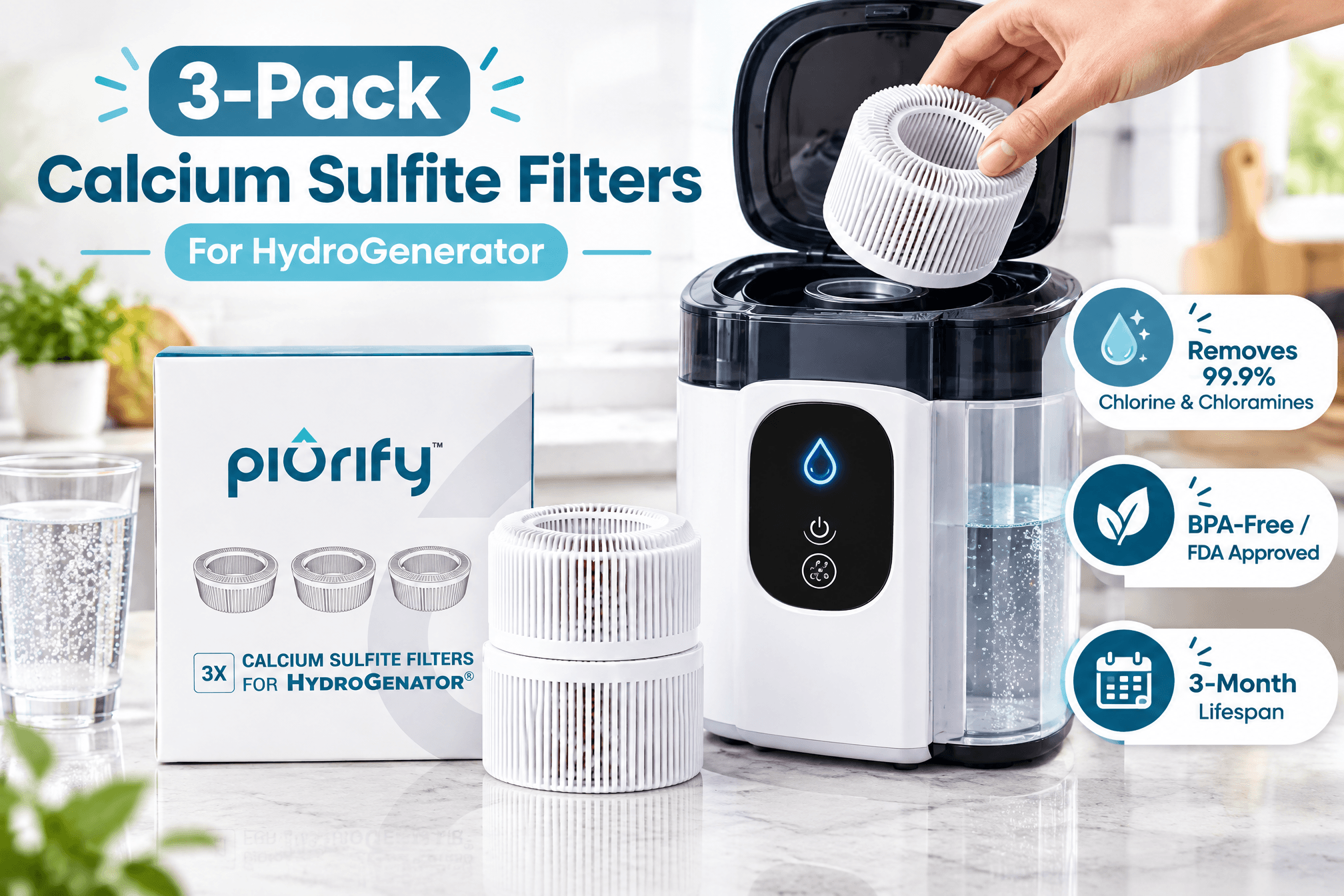 A 3:2 promotional image showing a 3-pack of Piurify Calcium Sulfite Filters for HydroGenerator being replaced in a clean kitchen, with a hand inserting a white cylindrical filter into a purifier, plus packaging, spare filters, and a glass of sparkling water; callouts include 3-Pack Calcium Sulfite Filters, removes 99.9% Chlorine & Chloramines, BPA-Free / FDA Approved, and 3-Month Lifespan.