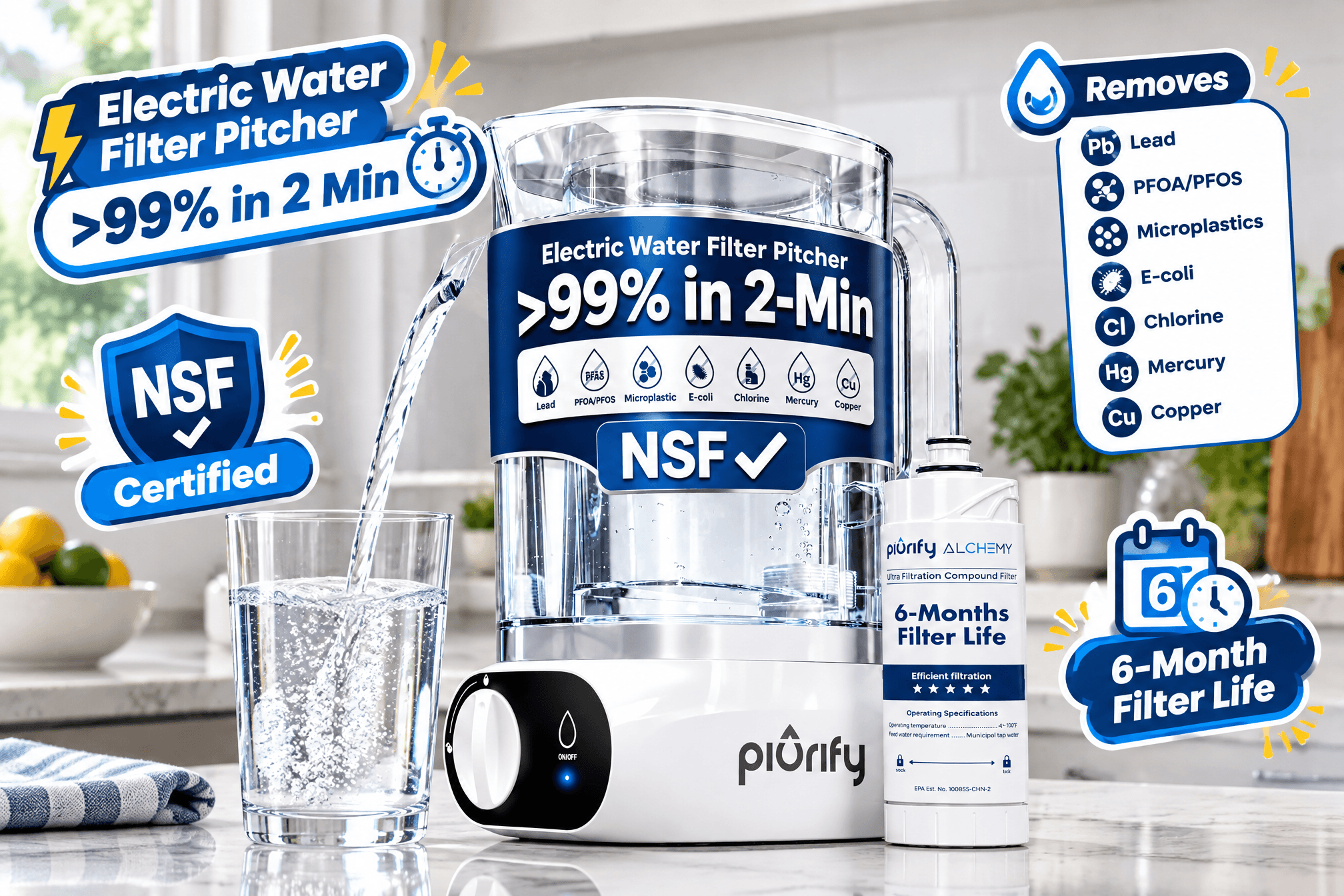 A 3:2 promotional image of the Piurify electric water filter pitcher pouring water into a glass in a bright kitchen, with a replacement filter nearby and callouts for >99% in 2 Min, NSF Certified, removal of Lead / PFOA / PFOS / Microplastics / E-coli / Chlorine / Mercury / Copper, and 6-Month Filter Life.