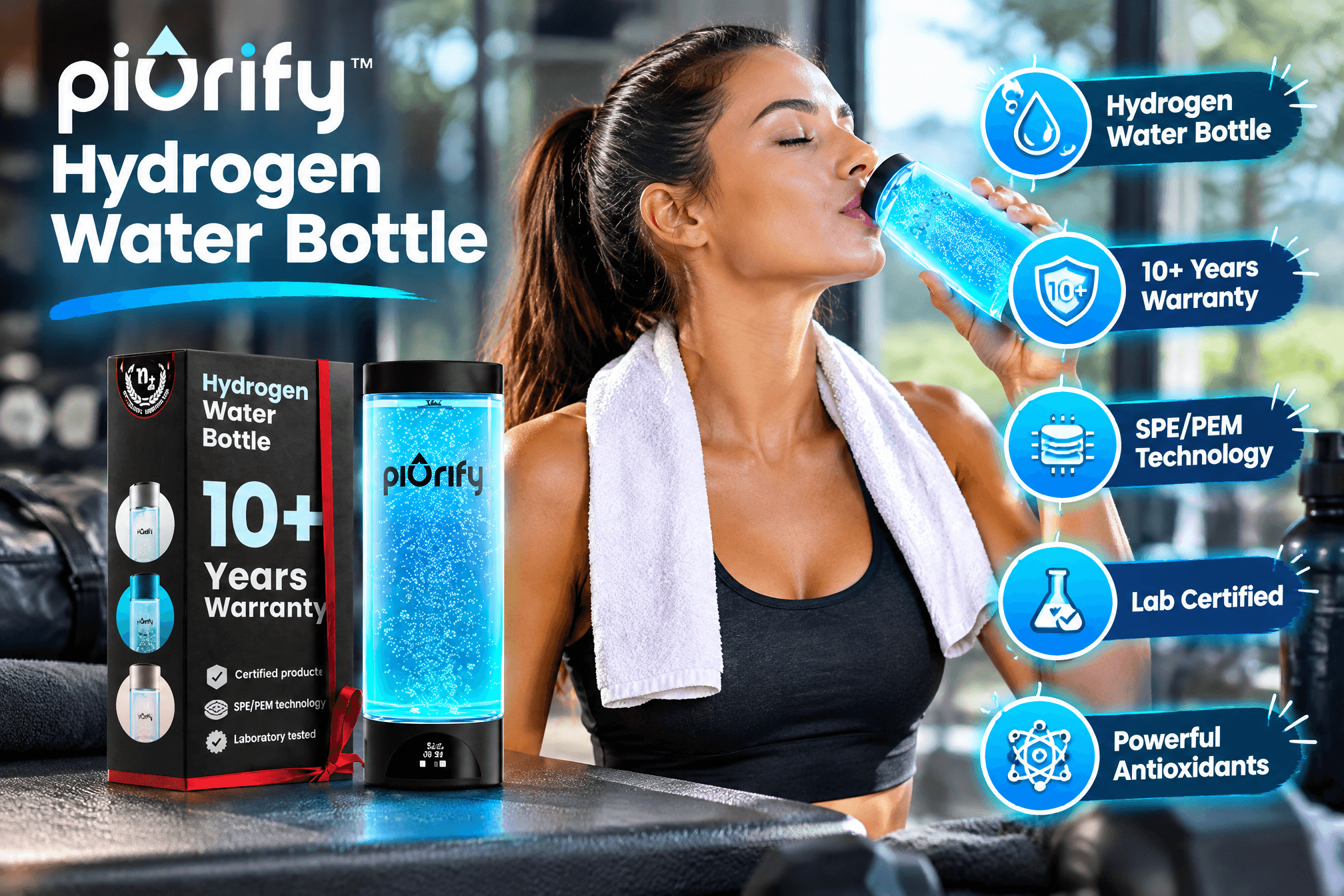 A 3:2 fitness-themed promotional image of the Piurify Hydrogen Water Bottle, showing a woman in workout clothes drinking from the glowing blue bottle in a gym, with the product and packaging in the foreground and callouts for 10+ Years Warranty, SPE/PEM Technology, Lab Certified, and Powerful Antioxidants.