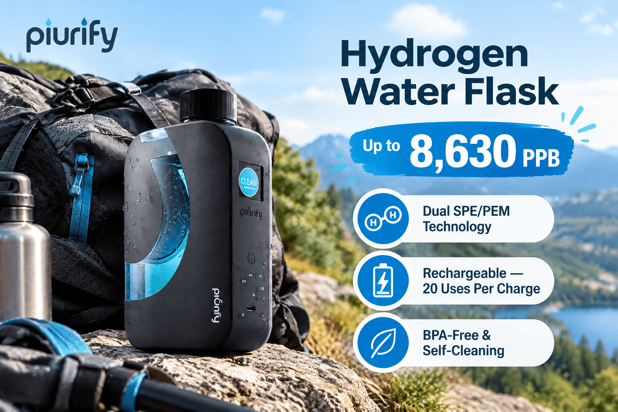 A 3:2 promotional image of the Piurify Hydrogen Water Flask placed on a rock beside a hiking backpack with a mountain-and-lake backdrop, showing blue hydrogen-rich water inside and callouts for Up to 8,630 PPB, Dual SPE/PEM Technology, Rechargeable — 20 Uses Per Charge, and BPA-Free & Self-Cleaning.