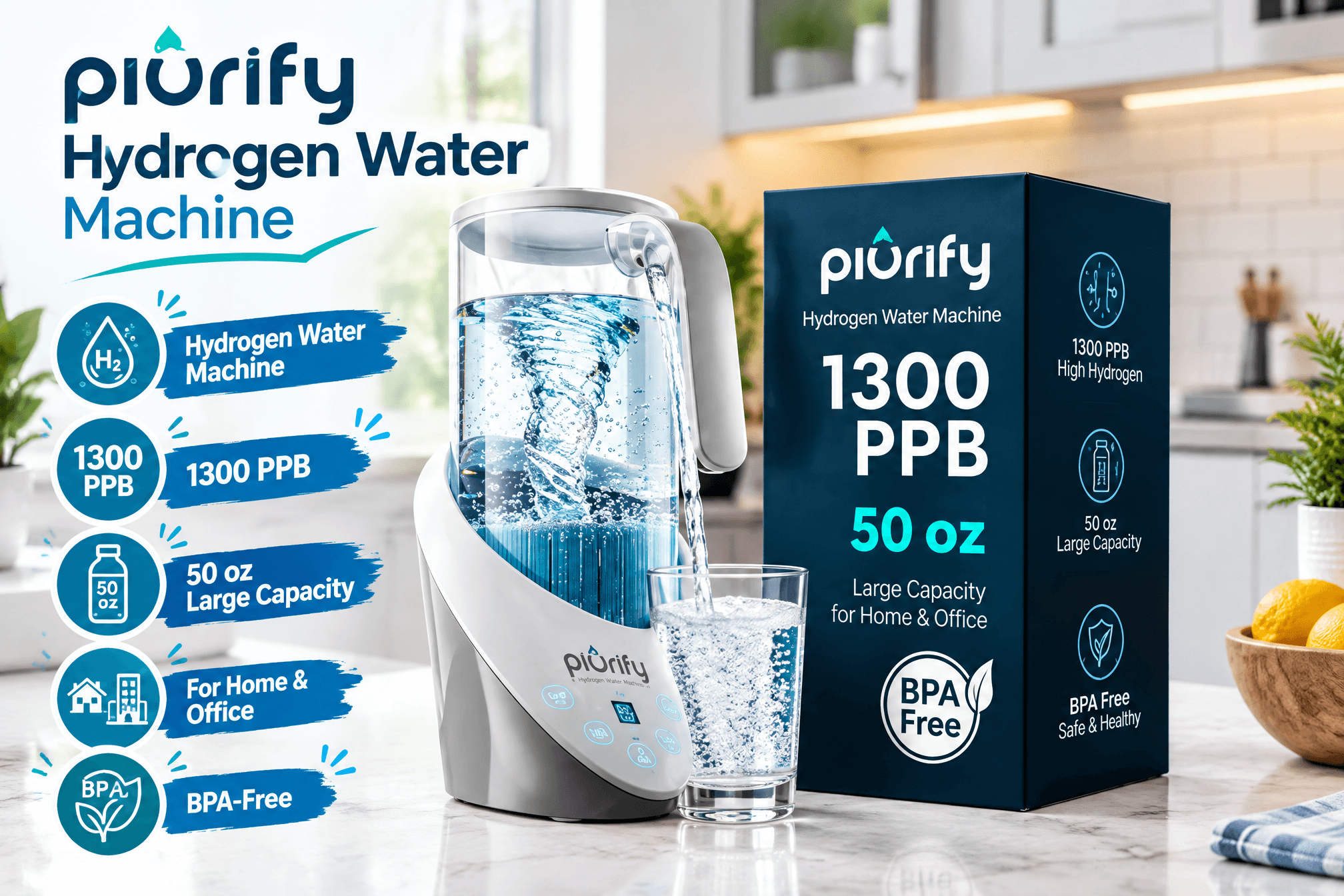 A 3:2 promotional image of the Piurify Hydrogen Water Machine on a home kitchen counter, pouring hydrogen-rich water into a glass next to its retail box, with callouts for 1300 PPB, 50 oz Large Capacity, For Home & Office, and BPA-Free.