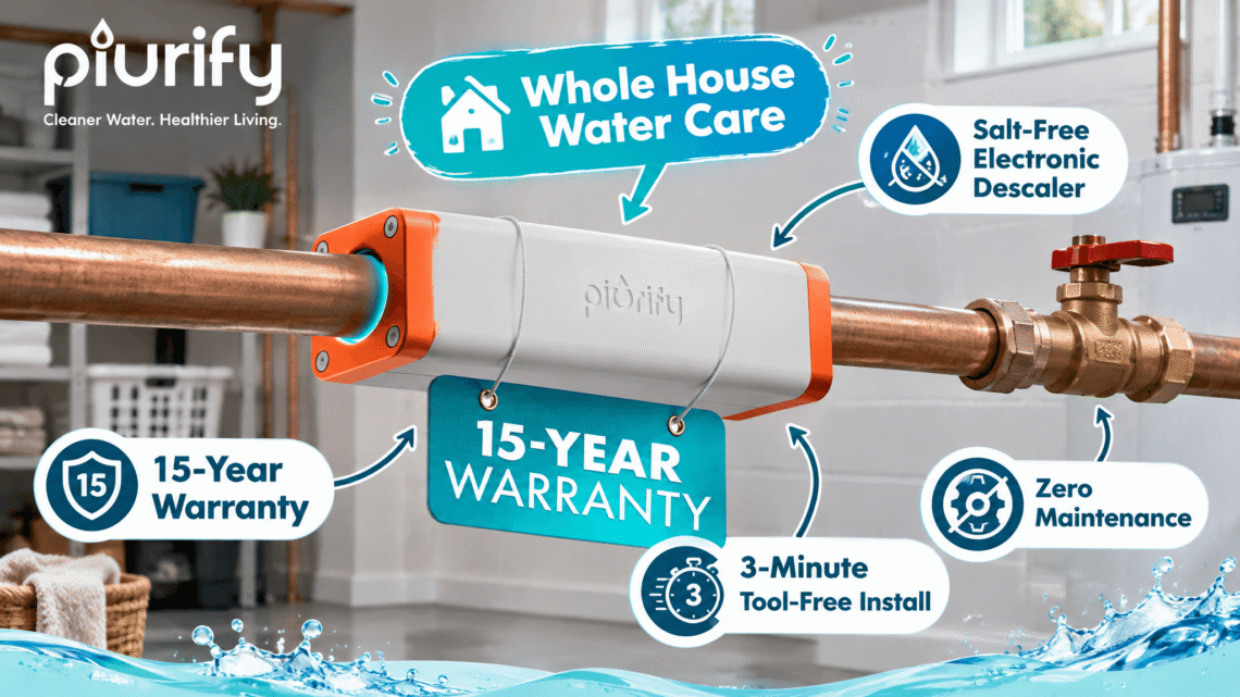 A 16:9 Piurify brand promotional graphic showing the white-and-orange whole-house electronic water descaler installed on a home pipe, with a hanging "15-YEAR WARRANTY" tag and cartoon-style callouts highlighting Whole House Water Care, Salt-Free Electronic Descaler, 15-Year Warranty, 3-Minute Tool-Free Install, and Zero Maintenance.