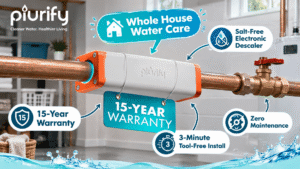 A 16:9 Piurify brand promotional graphic showing the white-and-orange whole-house electronic water descaler installed on a home pipe, with a hanging "15-YEAR WARRANTY" tag and cartoon-style callouts highlighting Whole House Water Care, Salt-Free Electronic Descaler, 15-Year Warranty, 3-Minute Tool-Free Install, and Zero Maintenance.