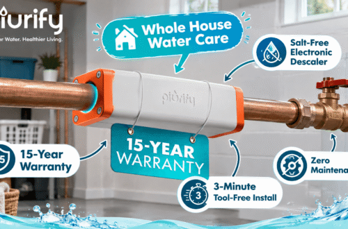 A 16:9 Piurify brand promotional graphic showing the white-and-orange whole-house electronic water descaler installed on a home pipe, with a hanging "15-YEAR WARRANTY" tag and cartoon-style callouts highlighting Whole House Water Care, Salt-Free Electronic Descaler, 15-Year Warranty, 3-Minute Tool-Free Install, and Zero Maintenance.