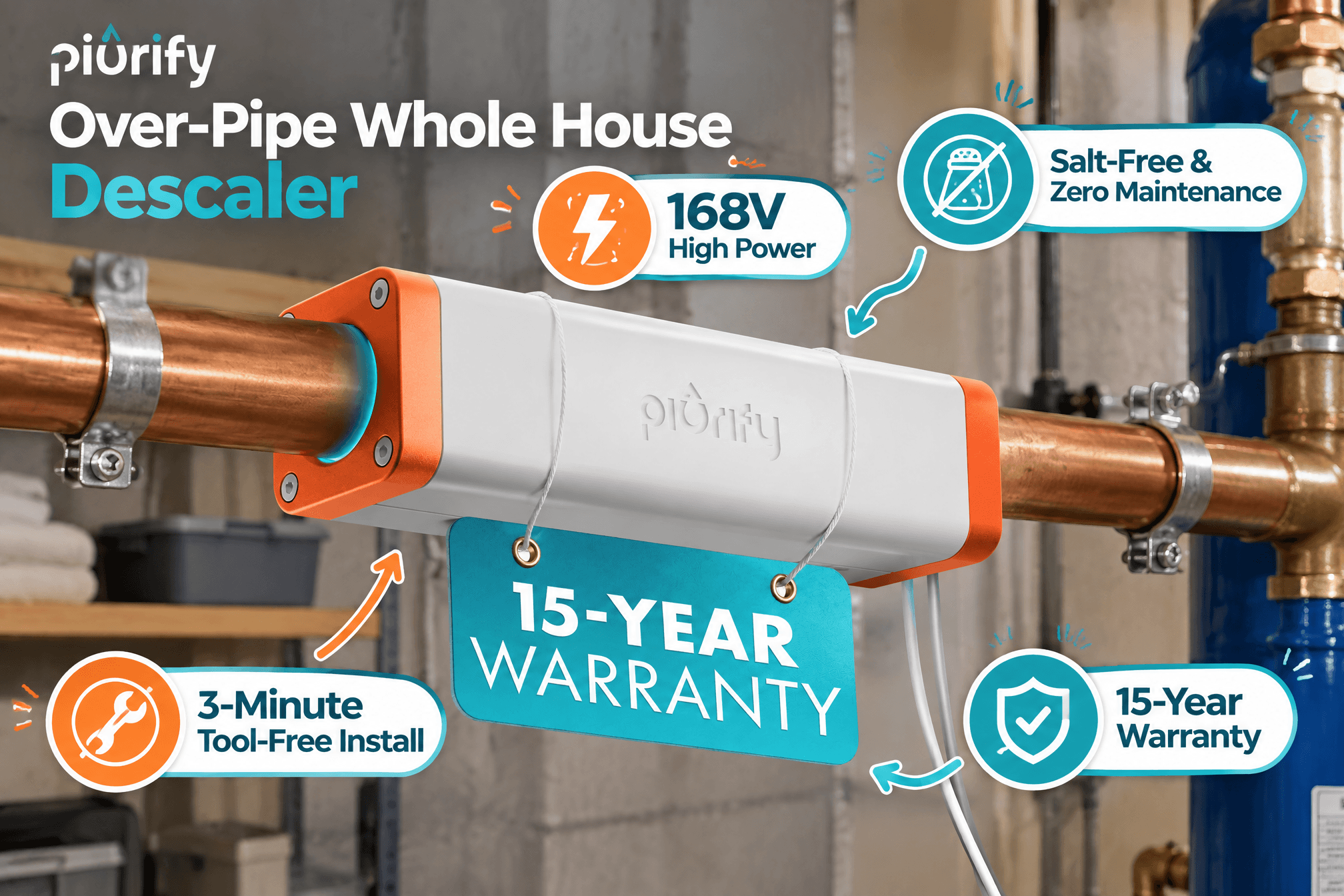 A 3:2 promotional image of the Piurify Over-Pipe Whole House Electronic Water Descaler clamped onto a copper pipe in a basement or utility room, featuring a hanging "15-YEAR WARRANTY" tag and cartoon-style callouts for Over-Pipe Whole House Descaler, 168V High Power, Salt-Free & Zero Maintenance, 3-Minute Tool-Free Install, and 15-Year Warranty.