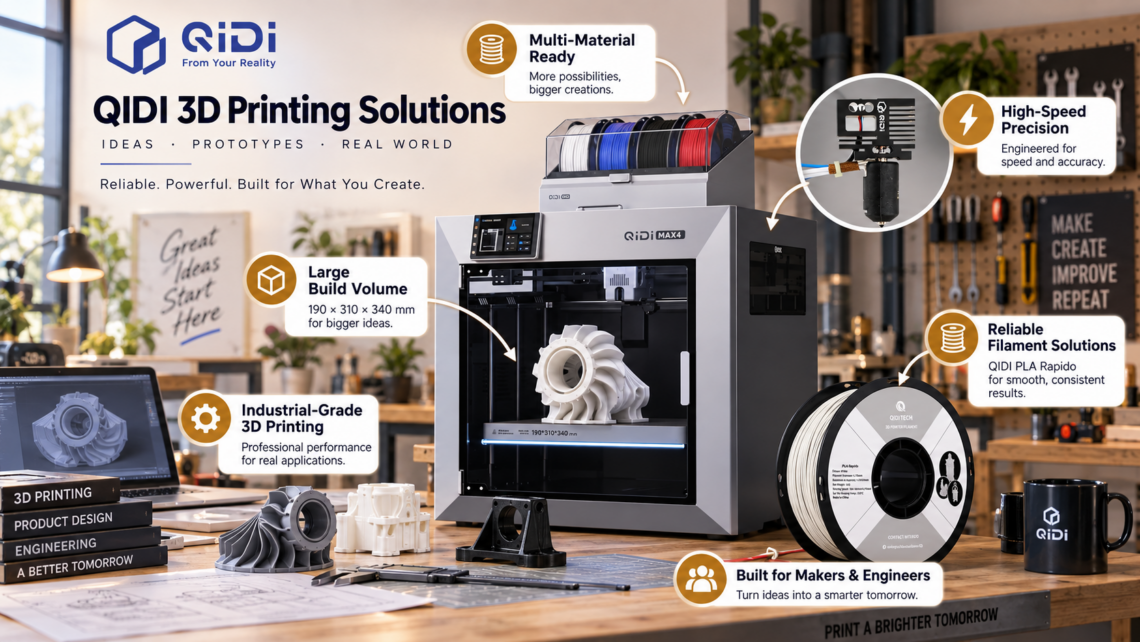 A promotional graphic for QIDI 3D Printing Solutions showcasing a QIDI MAX4 3D printer with a multi-material filament system on top, placed on a wooden desk alongside a laptop displaying a 3D model, finished printed parts, and a spool of PLA filament. Text callouts highlight key features: Multi-Material Ready, High-Speed Precision, Reliable Filament Solutions, Large Build Volume (190x310x340 mm), and Industrial-Grade 3D Printing.