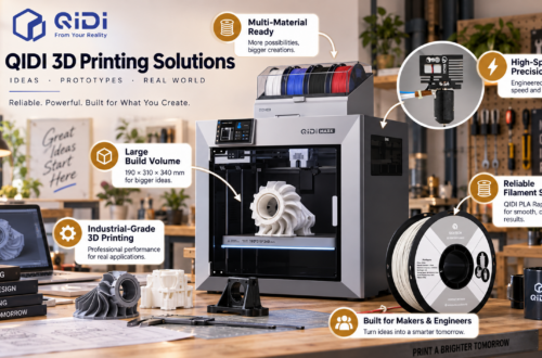 A promotional graphic for QIDI 3D Printing Solutions showcasing a QIDI MAX4 3D printer with a multi-material filament system on top, placed on a wooden desk alongside a laptop displaying a 3D model, finished printed parts, and a spool of PLA filament. Text callouts highlight key features: Multi-Material Ready, High-Speed Precision, Reliable Filament Solutions, Large Build Volume (190x310x340 mm), and Industrial-Grade 3D Printing.