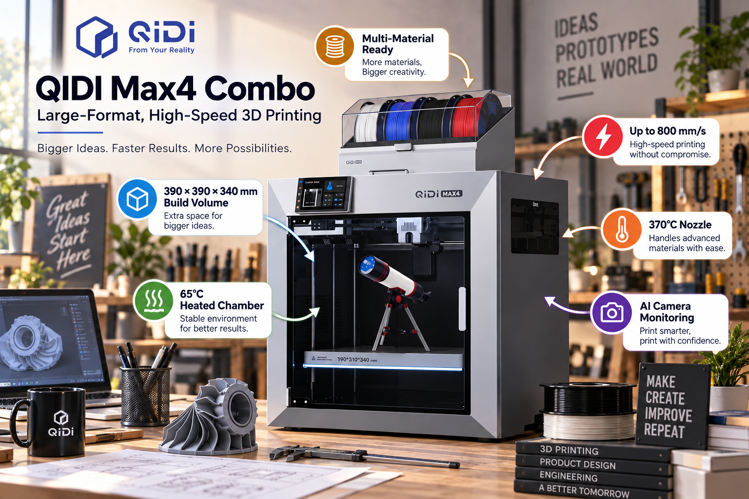 Product showcase of the QIDI Max4 Combo large-format, high-speed 3D printer on a desk, with a printed telescope model inside its chamber. Infographic callouts detail its specifications: a 390x390x340 mm build volume, 65°C heated chamber, multi-material capability, print speeds up to 800 mm/s, a 370°C high-temperature nozzle, and AI camera monitoring.