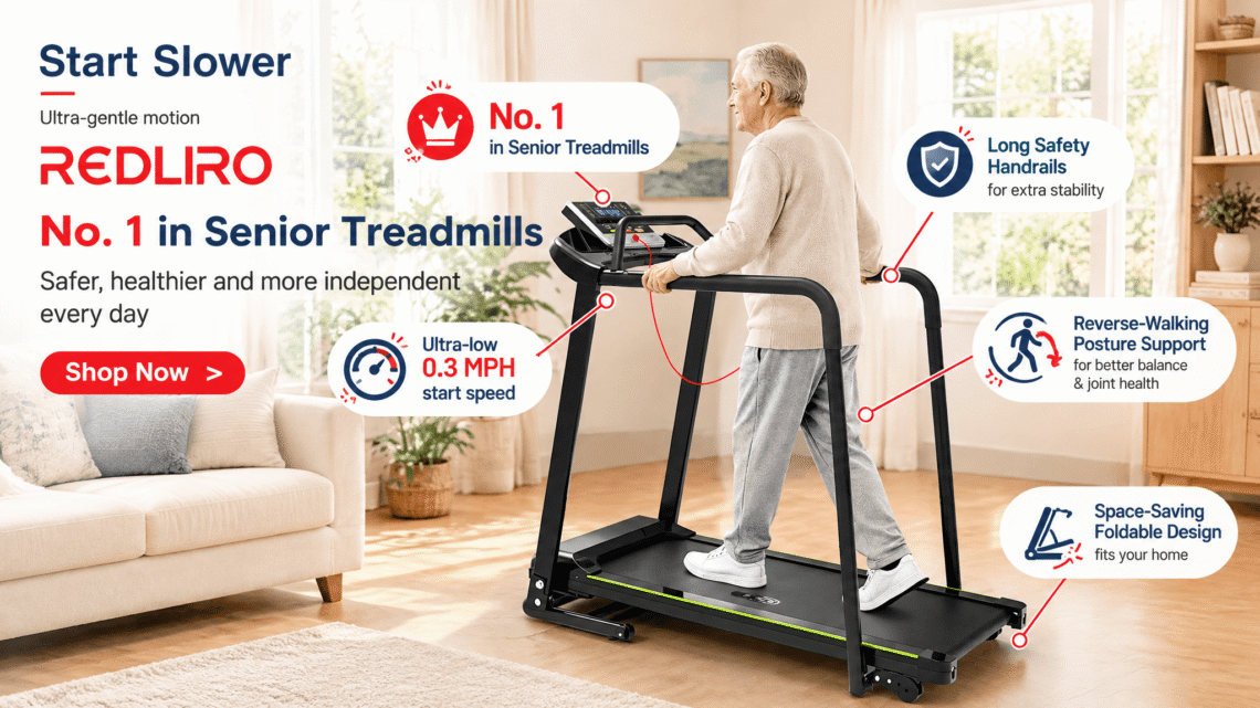 A 16:9 hero image for the Redliro senior treadmill blog, showing an older man walking on a black Redliro treadmill in a bright, cozy living room. The left side features brand messaging and text such as “Start Slower” and “Shop Now,” surrounded by red and navy cartoon-style callouts highlighting the ultra-low start speed, extended safety handrails, reverse-walking posture support, and space-saving foldable design.