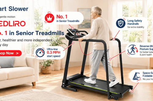 A 16:9 hero image for the Redliro senior treadmill blog, showing an older man walking on a black Redliro treadmill in a bright, cozy living room. The left side features brand messaging and text such as “Start Slower” and “Shop Now,” surrounded by red and navy cartoon-style callouts highlighting the ultra-low start speed, extended safety handrails, reverse-walking posture support, and space-saving foldable design.