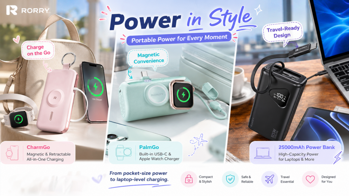 A promotional banner for RORRY power banks titled "Power in Style," showcasing three models: the pink CharmGo attached to a handbag, the mint green PalmGo next to travel luggage, and the black 25000mAh Power Bank charging a laptop on a desk.