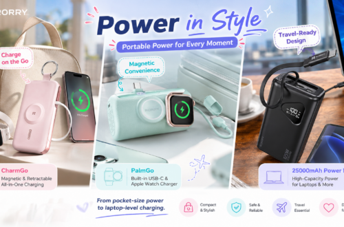A promotional banner for RORRY power banks titled "Power in Style," showcasing three models: the pink CharmGo attached to a handbag, the mint green PalmGo next to travel luggage, and the black 25000mAh Power Bank charging a laptop on a desk.