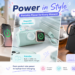 A promotional banner for RORRY power banks titled "Power in Style," showcasing three models: the pink CharmGo attached to a handbag, the mint green PalmGo next to travel luggage, and the black 25000mAh Power Bank charging a laptop on a desk.