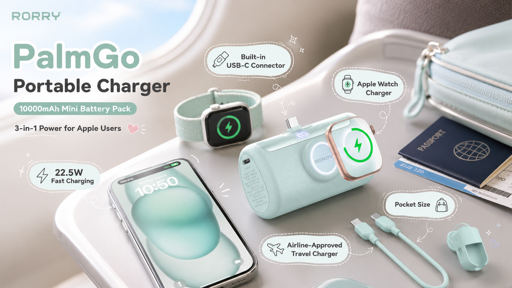 A mint green RORRY PalmGo 10000mAh mini battery pack resting on an airplane tray table next to a passport, charging a smartphone and an Apple Watch, highlighting its airline-approved, pocket-sized design and built-in USB-C connector.