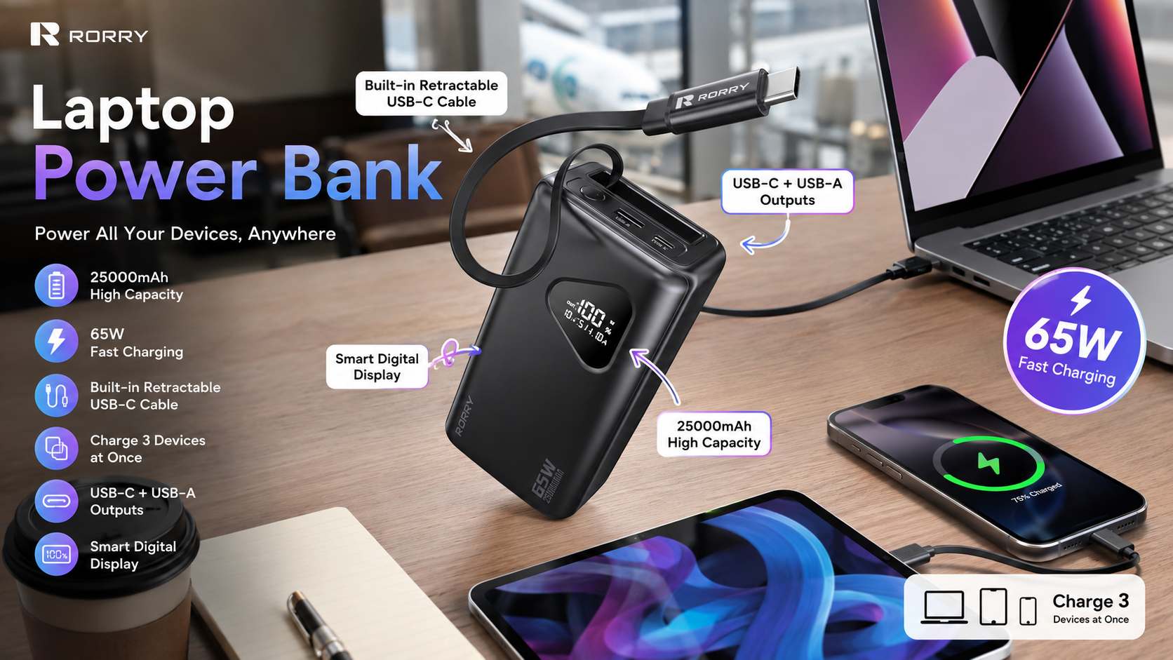 A black RORRY 25000mAh Laptop Power Bank on a wooden desk next to a coffee cup, utilizing its 65W fast charging and built-in retractable USB-C cable to charge a laptop, a tablet, and a smartphone at the same time.