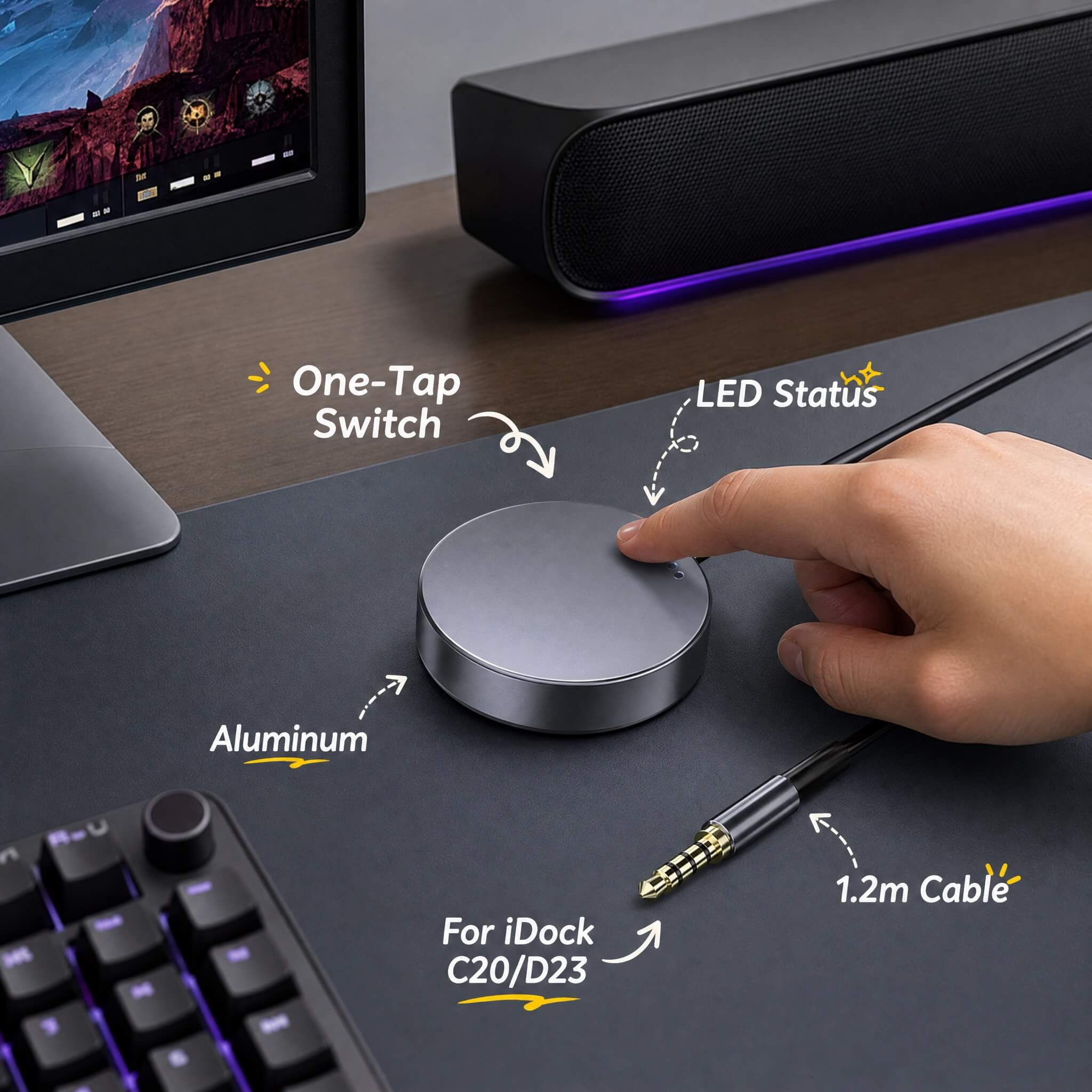 Promotional image for AV Access KVM Switch Dock, showing it connected to a laptop on the left, a central monitor, and another laptop on the right in a home office setup. Text highlights "2 Laptops Share 2 Monitors". Feature icons show: USB-C MST Dual Monitor, 60W PD Each Power Delivery, and 2K@144Hz Crystal Clear. Three included USB-C cables are shown at the bottom. The dock has various cables and devices connected to it, including a microphone and a LAN cable. A cartoon rocket and star with "One Dock All You Need!" and a cartoon star with cat ears are included.
