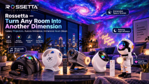Product showcase image for Rossetta galaxy projectors. Six different projector models, including a black dome, white dome, astronaut-shaped, observatory-style, and spherical designs with remotes, are displayed on a foreground table. The background is a modern living room or bedroom with a ceiling and walls illuminated by a spectacular, colorful galaxy and star projection. Brand text reads "ROSSETTA LIGHT UP A BRIGHTER WORLD" and "Rossetta - Turn Any Room Into Another Dimension." Feature icons and labels describe "Stars & Galaxies," "Multiple Light Modes," "Bluetooth Audio," "Immersive Space Scenes," "Relaxing Night Ambience," and "Great for Kids & Adults." Books with titles like "A BRIGHTER TOMORROW" are also present.