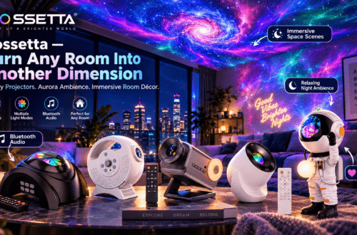 Product showcase image for Rossetta galaxy projectors. Six different projector models, including a black dome, white dome, astronaut-shaped, observatory-style, and spherical designs with remotes, are displayed on a foreground table. The background is a modern living room or bedroom with a ceiling and walls illuminated by a spectacular, colorful galaxy and star projection. Brand text reads "ROSSETTA LIGHT UP A BRIGHTER WORLD" and "Rossetta - Turn Any Room Into Another Dimension." Feature icons and labels describe "Stars & Galaxies," "Multiple Light Modes," "Bluetooth Audio," "Immersive Space Scenes," "Relaxing Night Ambience," and "Great for Kids & Adults." Books with titles like "A BRIGHTER TOMORROW" are also present.