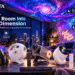 Product showcase image for Rossetta galaxy projectors. Six different projector models, including a black dome, white dome, astronaut-shaped, observatory-style, and spherical designs with remotes, are displayed on a foreground table. The background is a modern living room or bedroom with a ceiling and walls illuminated by a spectacular, colorful galaxy and star projection. Brand text reads "ROSSETTA LIGHT UP A BRIGHTER WORLD" and "Rossetta - Turn Any Room Into Another Dimension." Feature icons and labels describe "Stars & Galaxies," "Multiple Light Modes," "Bluetooth Audio," "Immersive Space Scenes," "Relaxing Night Ambience," and "Great for Kids & Adults." Books with titles like "A BRIGHTER TOMORROW" are also present.