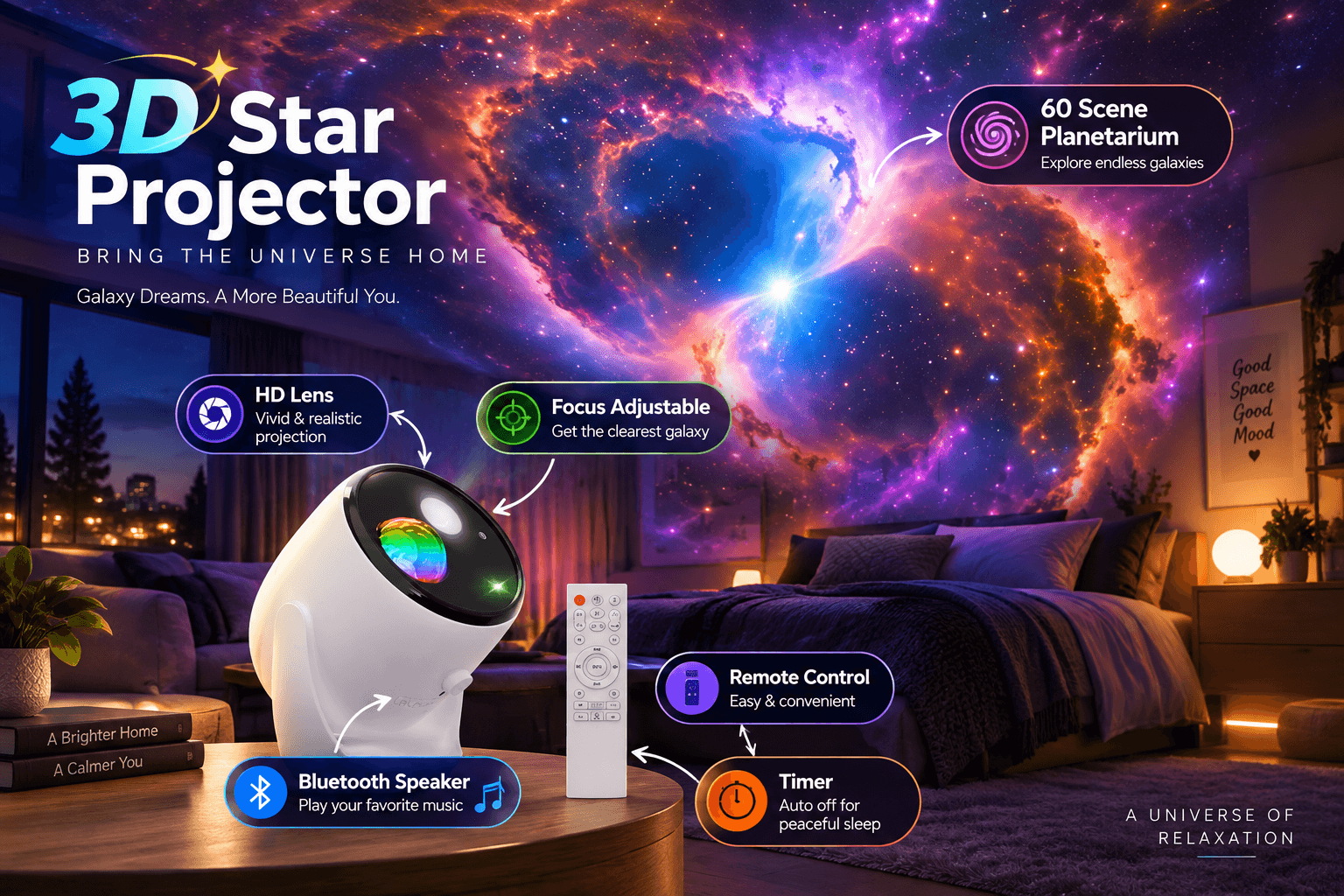 Feature infographic for the Rossetta 3D Star Projector. The background bedroom ceiling is illuminated by a stunning blue and orange galaxy and nebula projection. In the foreground, a white spherical projector sits on a table with its remote and two books (titles "A Brighter Home", "A Calmer You"). Brand text reads "3D Star Projector," "BRING THE UNIVERSE HOME," and "Galaxy Dreams. A More Beautiful You." Icons and text highlight "60 Scene Planetarium (Explore endless galaxies)", "HD Lens (Vivid & realistic projection)", "Focus Adjustable," "Bluetooth Speaker," "Remote Control," and "Timer." A tagline at the bottom right reads "A UNIVERSE OF RELAXATION." A label adds "Good Space Good Mood ❤."