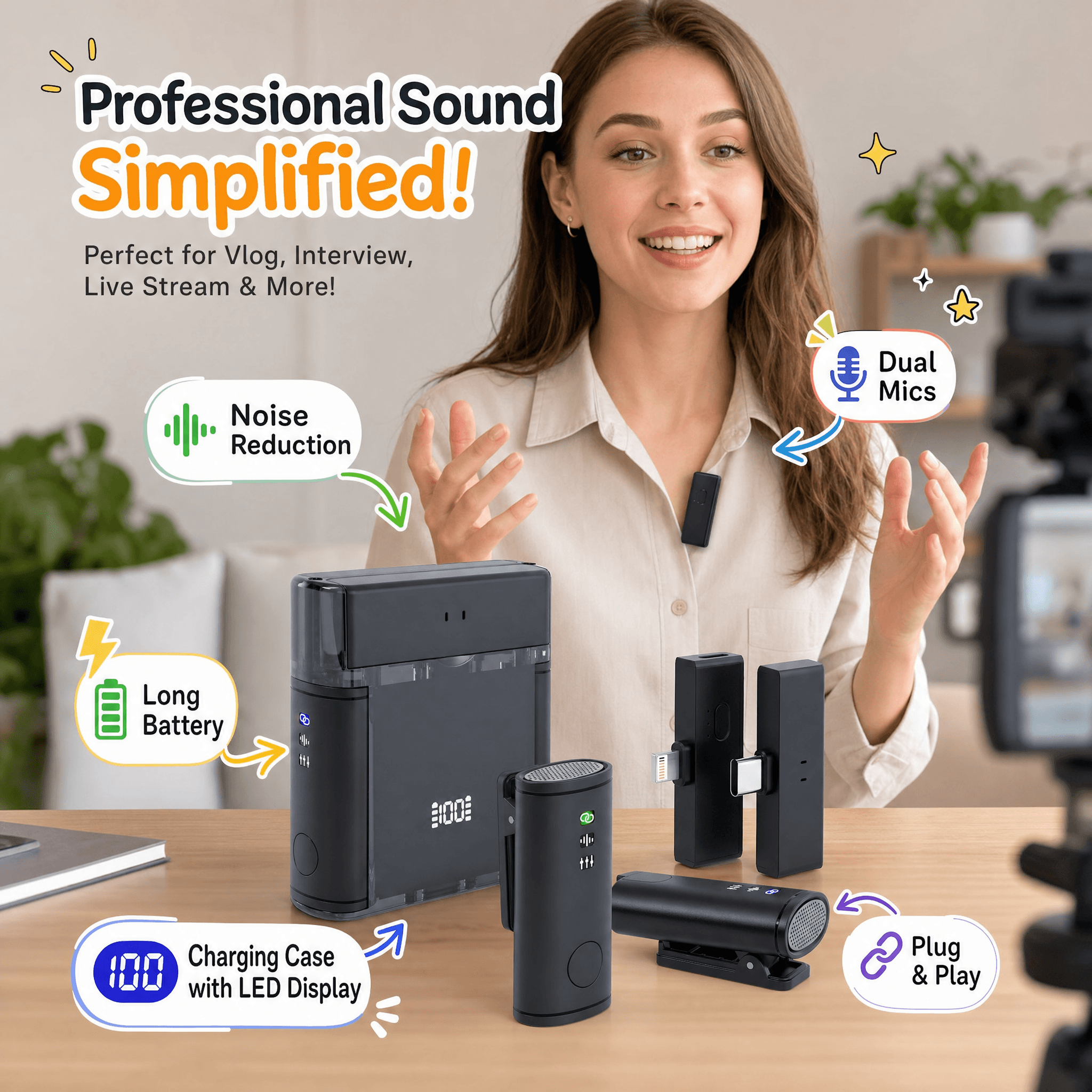 A young woman is sitting indoors with a black lapel mic transmitter clipped to her shirt. Below her are the complete components: a receiver with Lightning and USB-C connectors, and an open charging case showing a "100" LED display. Text bubbles with icons highlight features: Noise Reduction, Long Battery, Dual Mics, Plug & Play. The main slogan is "Professional Sound Simplified!", with mention of being perfect for Vlog, Interview, Live Stream, and more.
