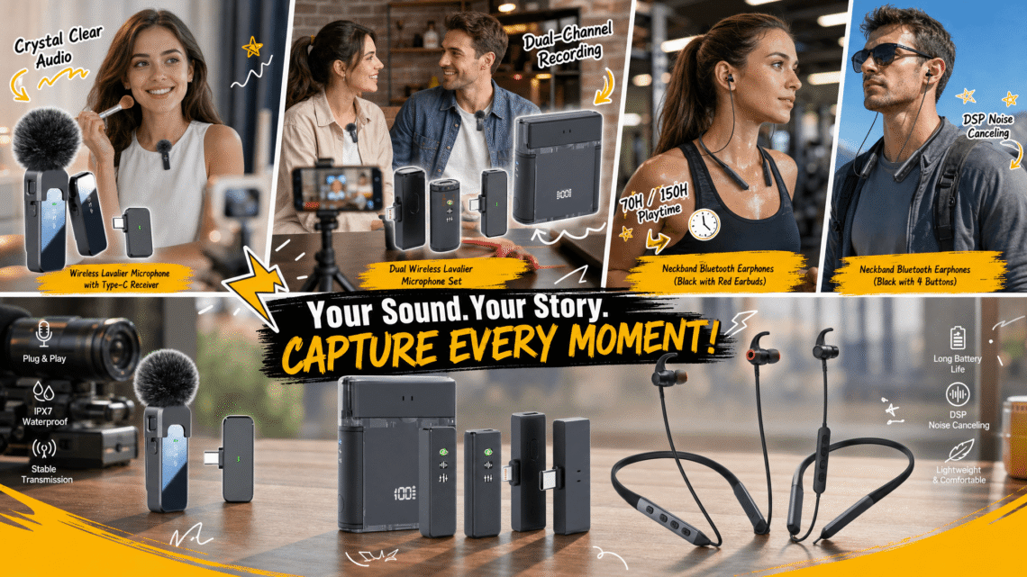 A collage marketing image showcasing a product range. The top has four photos of users: one woman with a wireless lapel mic, a couple with a dual mic, two women exercising with different neckband headphones (one with red earbuds, one all-black). The center says "Your Sound. Your Story. CAPTURE EVERY MOMENT!". The bottom displays all products (mics and headphones) with icons listing features: Plug & Play, IPX7 Waterproof, Stable Transmission, Long Battery Life, DSP Noise Canceling, Lightweight & Comfortable.