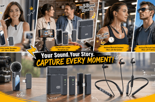 A collage marketing image showcasing a product range. The top has four photos of users: one woman with a wireless lapel mic, a couple with a dual mic, two women exercising with different neckband headphones (one with red earbuds, one all-black). The center says "Your Sound. Your Story. CAPTURE EVERY MOMENT!". The bottom displays all products (mics and headphones) with icons listing features: Plug & Play, IPX7 Waterproof, Stable Transmission, Long Battery Life, DSP Noise Canceling, Lightweight & Comfortable.