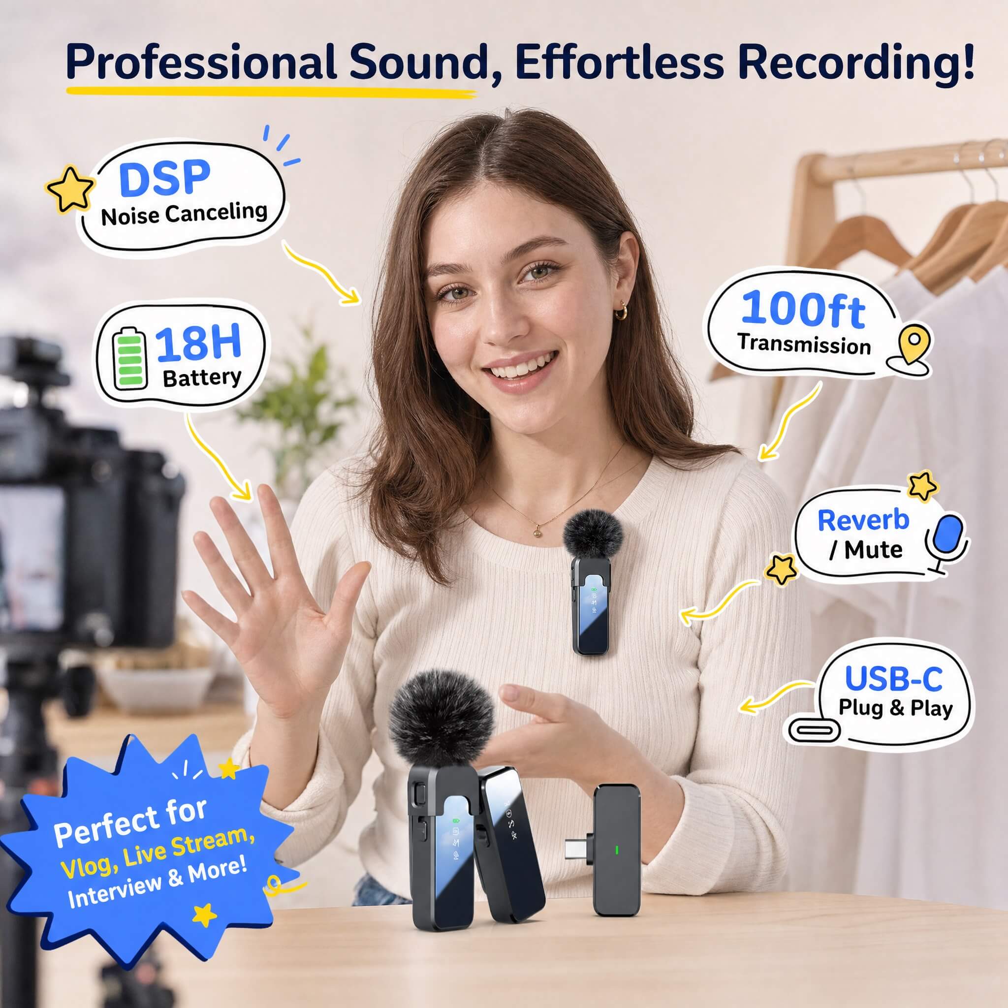 A young woman is sitting and facing the camera, gesturing, with a black wireless lapel microphone featuring a windshield fuzzy muff clipped to her shirt. The complete wireless mic system is shown in front, with two transmitters with fuzzy muffs and a receiver with different connectors. Surrounding text boxes list features: DSP Noise Canceling, 18H Battery, 100ft Transmission, Reverb / Mute, USB-C Plug